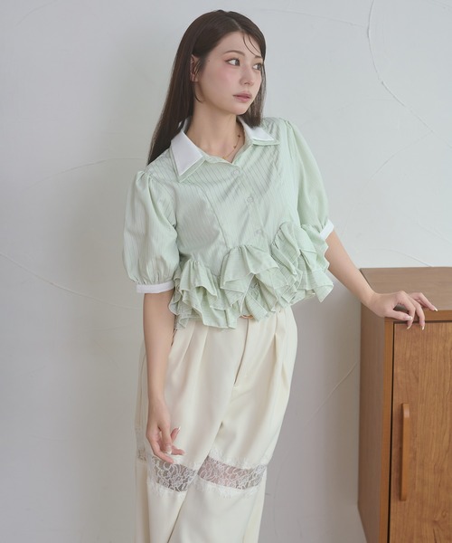Ambre Neige（アンブルネージュ） ブラウス シャツ 夏 半袖 w collar