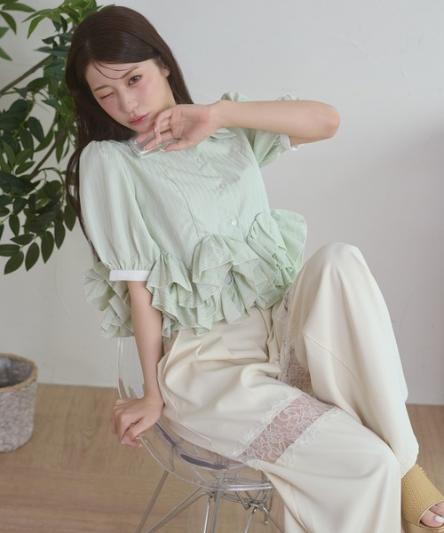 Ambre Neige（アンブルネージュ） ブラウス シャツ 夏 半袖 w collar