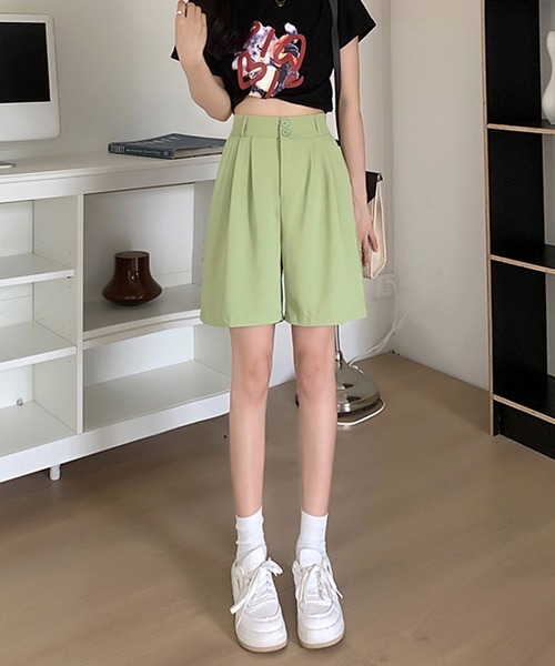 shopnikoniko スラックス パンツ ハイウエスト ハーフパンツ