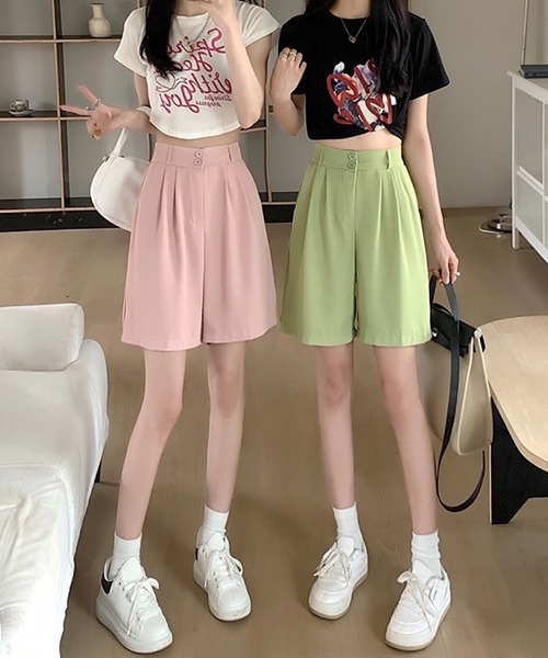 shopnikoniko スラックス パンツ ハイウエスト ハーフパンツ