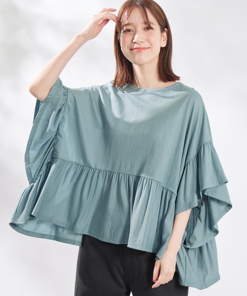 tシャツ ギャザーポンチョカットソー レディース ポンチョ Tシャツ/カットソー」に該当するトップスファッション