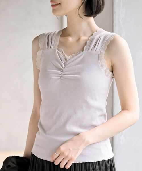 タンクトップ ノースリーブ CROPPED TANK レディース r・p・s タンクトップ ノースリーブ レースふちどりシャーリング