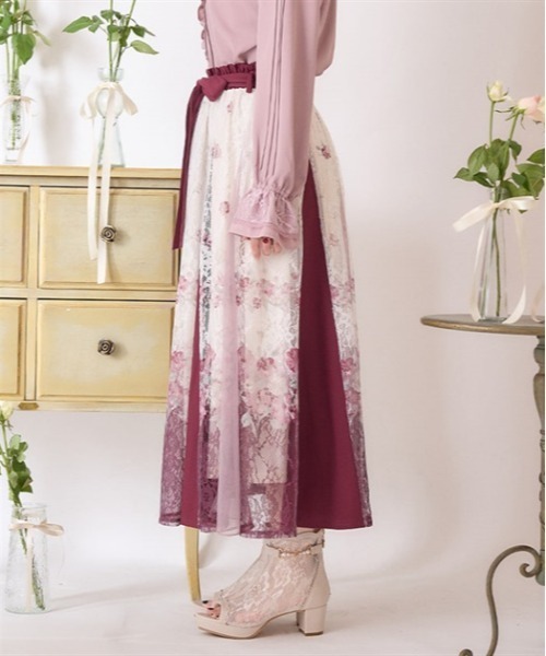 axes femme スカート フラワーパネルプリントレーススカート