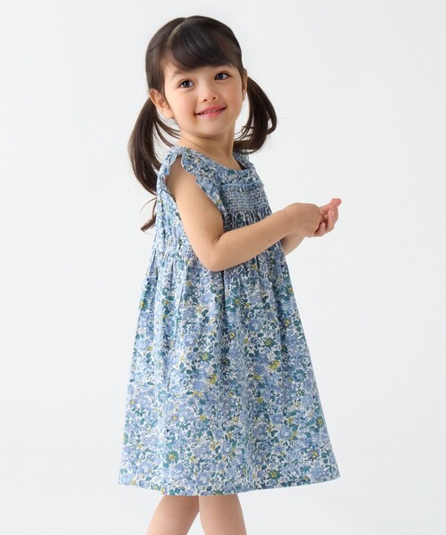 トロッターズ TROTTERS ブルー花柄スモッキングワンピース SHIPS Colors ワンピース Colors:90〜140cm / 「洗濯機可能