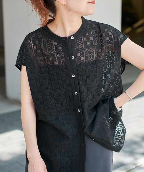 Spick&Span「PEレースフレンチスリーブシャツ」 Spick＆Span ブラウス シャツ 「追加2」PEレースフレンチ
