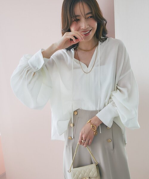 ラブティックボンボン　シアーリボンボリュームスリーブブラウス　サックスブルー ふんわり透け感が美しい】シアーリボンボリュームスリーブブラウス