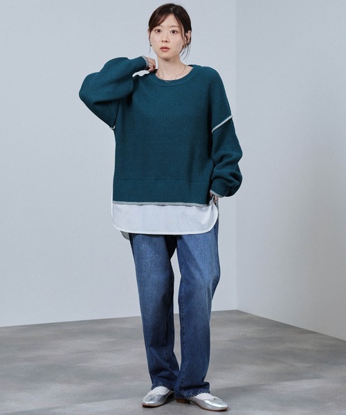 NAVY ニット セーター 時短レイヤード風クルーネックニット レディース