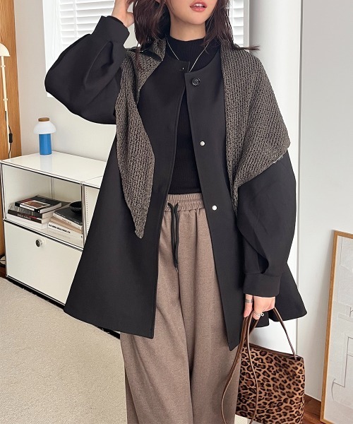 ノーカラーコート コート マフラー付き ノーカラーフレアミドルコート