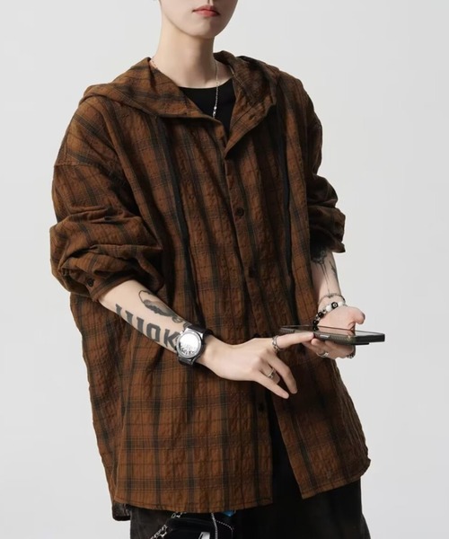 link lot シャツ ガーゼ チェック フードシャツ メンズ レディース