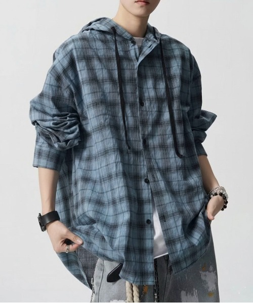 link lot シャツ ガーゼ チェック フードシャツ メンズ レディース