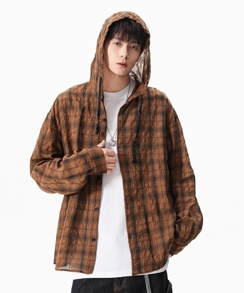 link lot シャツ ガーゼ チェック フードシャツ メンズ レディース