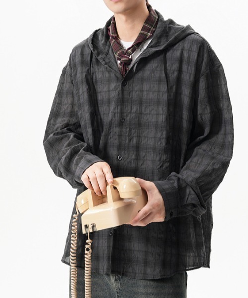 link lot シャツ ガーゼ チェック フードシャツ メンズ レディース