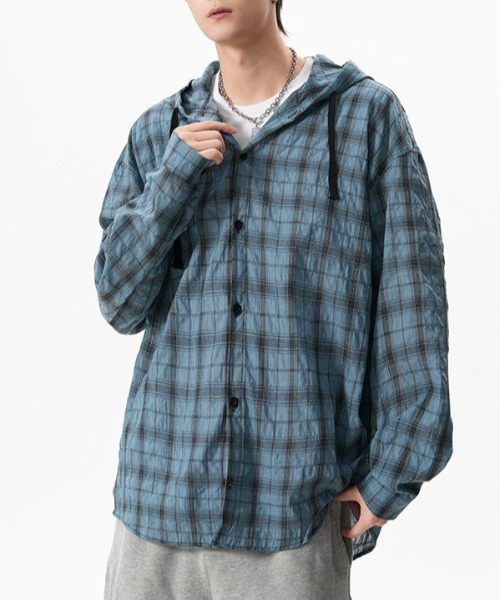 link lot シャツ ガーゼ チェック フードシャツ メンズ レディース
