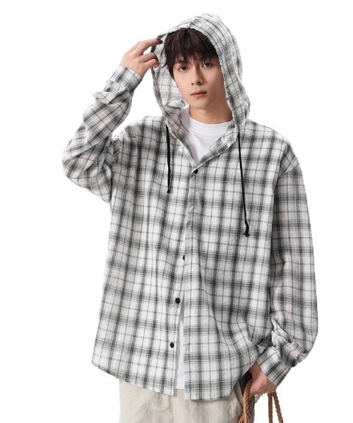 link lot シャツ ガーゼ チェック フードシャツ メンズ レディース
