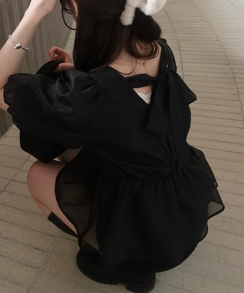JUNOAH（ジュノア） ブラウス シャツ オーガンジーバックリボン
