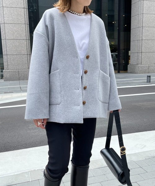 「DOUX ARCHIVES」 ノーカラージャケット FREE グレー レディース_画像2