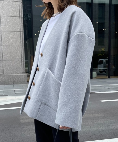 「DOUX ARCHIVES」 ノーカラージャケット FREE グレー レディース_画像5