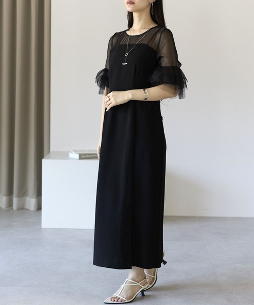 結婚式 パーティドレス フリル シアー ロングドレス ブラック系 PREFERIR（プレフェリール） パーティードレス ワンピース 「結婚式