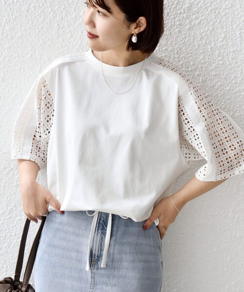tシャツ 「WEB限定」「手洗い可能」レース コンビ ショート スリーブ カットソー レディースの画像