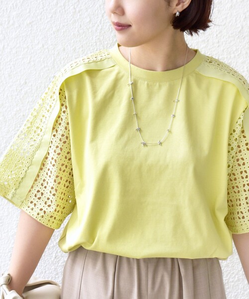tシャツ 「WEB限定」「手洗い可能」レース コンビ ショート スリーブ カットソー レディースの画像
