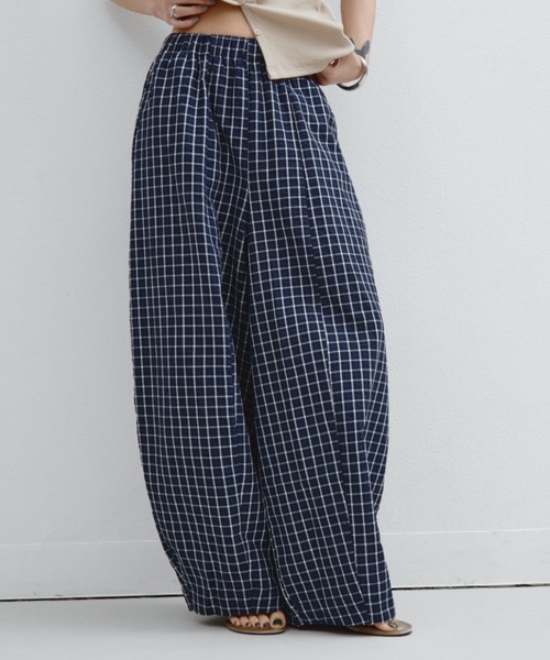 即日発送可【M】ブラックHigh waist check pants ANF.MUU ワイドパンツ パンツ 「再入荷」チェックイージーパンツ