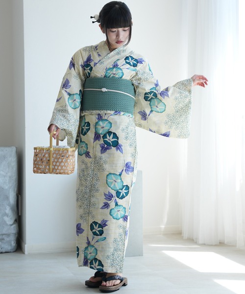 新品　浴衣 朝顔柄 綿麻　アイボリーベージュ 水色 青 くすみカラー　夏祭り utatane 浴衣 浴衣3点セット 綿麻 先染めベージュ 水色の朝顔