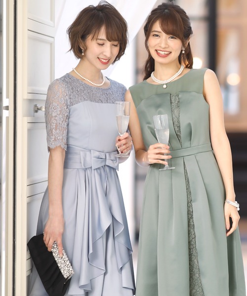 PourVous ドレス 結婚式ワンピースドレスミニ丈とノースリーブ