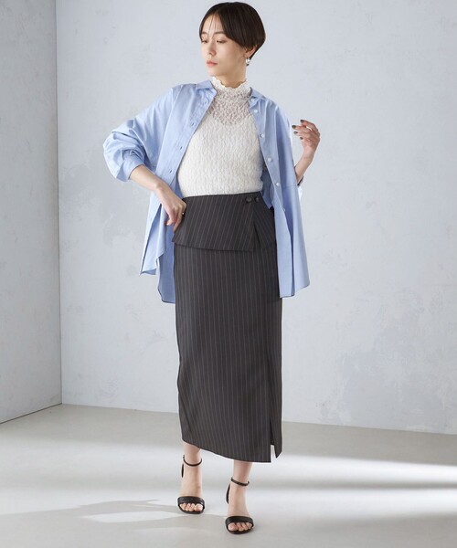 SHIPS スカート 「手洗い可能」ベルト付 ストライプ タイト 24SS