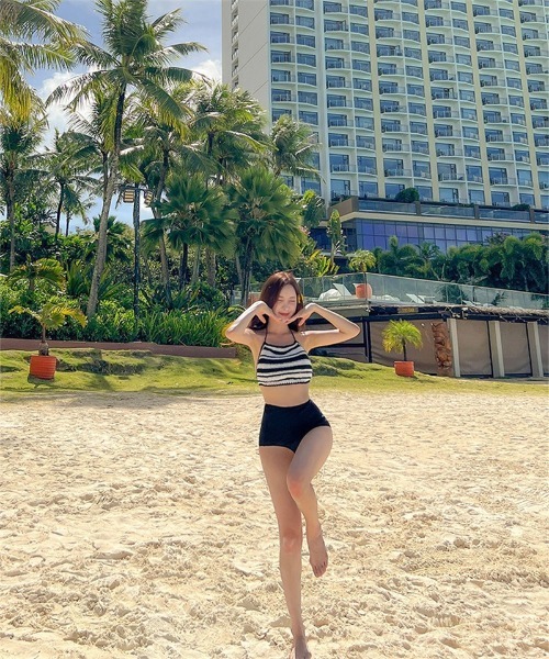 水着 ボーダー ホルターネック ハイウエストビキニ レディース