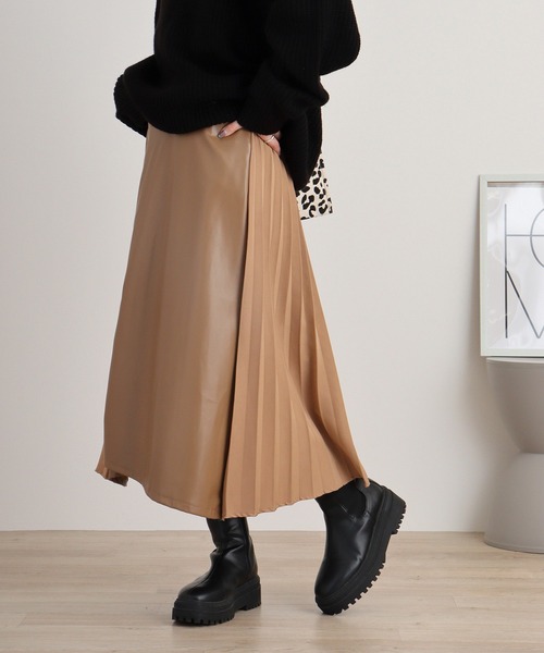 BPN 異素材ボックススカート スカート A.N.L 異素材切り替えバックプリーツエコレザースカート