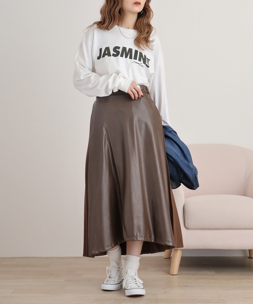 ロング スカート A.N.L 異素材切り替えバックプリーツエコレザー