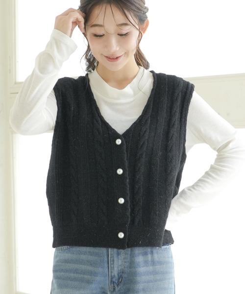 ベスト ジレ パールボタン付き ラメニット レディース
