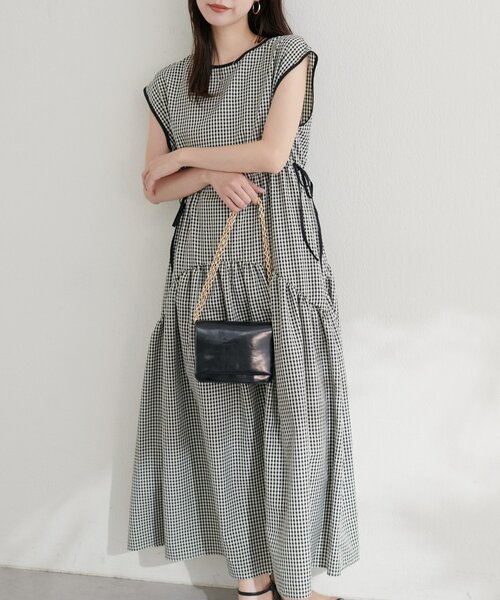 今季✿新品✿ ドロストデザインチェック柄ワンピース ピンク ドロストデザインチェック柄ワンピース | natural couture