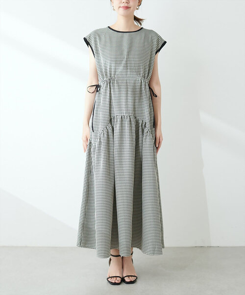 今季✿新品✿ ドロストデザインチェック柄ワンピース ピンク natural couture｜ドロストデザインチェック柄ワンピース