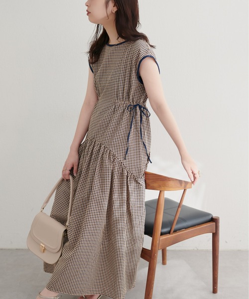 今季✿新品✿ ドロストデザインチェック柄ワンピース ピンク ドロストデザインチェック柄ワンピース | natural couture