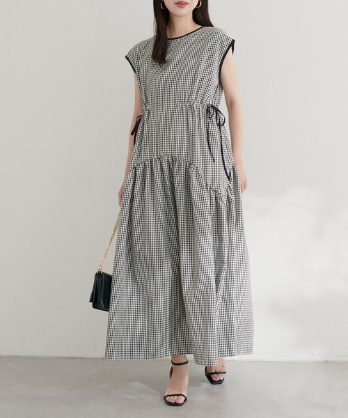 natural couture ワンピース ドロストデザインチェック柄ワンピース