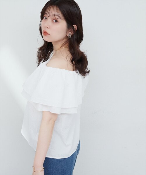 natural couture ブラウス シャツ サッカーチェックオフショル