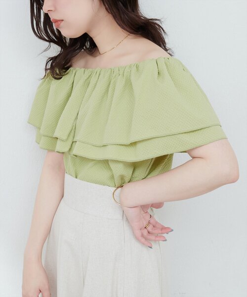 natural couture ブラウス シャツ サッカーチェックオフショル