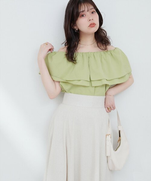natural couture ブラウス シャツ サッカーチェックオフショル