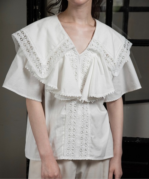 ブラウス シャツ コットンレースビッグカラーブラウス レディース lawgy ブラウス シャツ lace big collar blouse / レースビッグ
