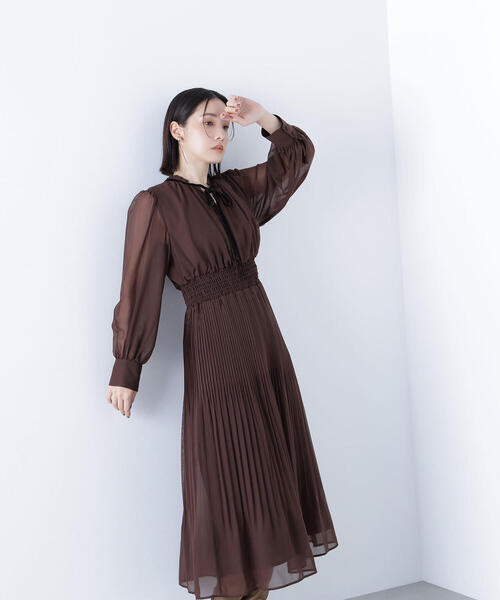 NATURAL BEAUTY BASIC ワンピース ベロアリボンプリーツワンピース