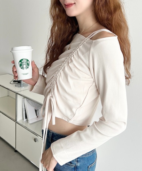 moment+ tシャツ ワンショルドロストリボン長袖リブカットソートップス