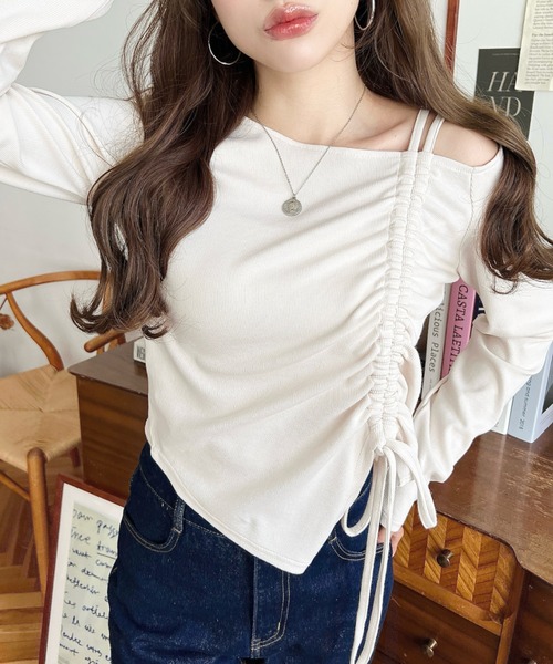 moment+ tシャツ ワンショルドロストリボン長袖リブカットソートップス