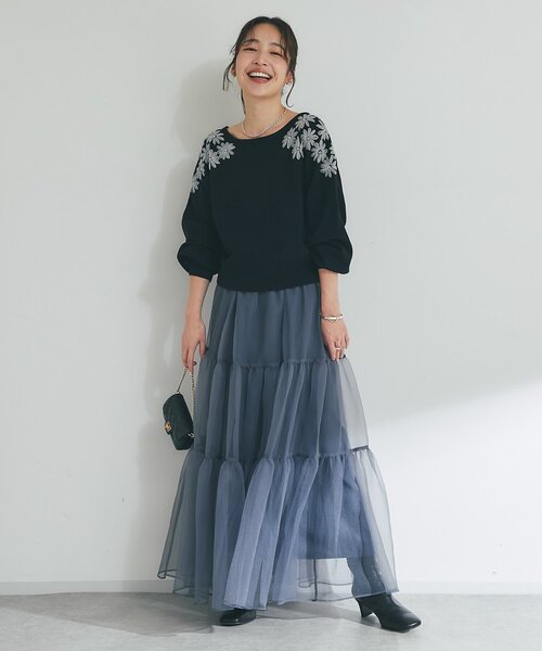 【極美品】ラブティックボンボン シアーオーガンジーティアードスカート　グレー La boutique Bonbon（ラブティックボンボン） スカート 「今すぐお届け