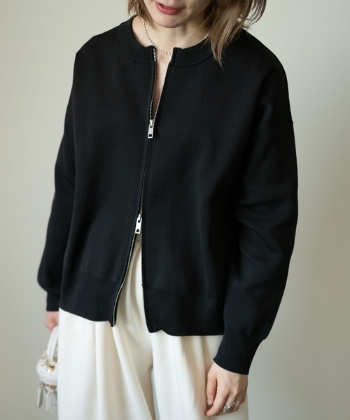 ＆HALF カーディガン ノーカラーダブルジップカーデ レディース