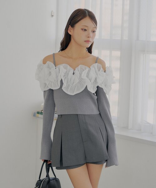 Chico ニット セーター BIGフリルドッキングオフショルニット