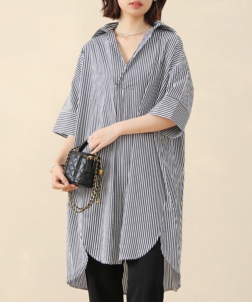 ebure ストライプ柄 半袖ワンピース 36 ReRe ブラウス シャツ 半袖 ストライプ柄オーバーサイズシャツ