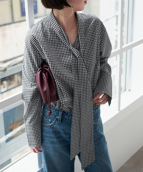 provoke / ギンガムボウタイシャツ/長袖シャツ/FREE/ポリエステル/BLK/ギンガムCK/PV-030071 ブラウス シャツ PROVOKE/プロヴォーク ギンガムボウタイシャツ PV