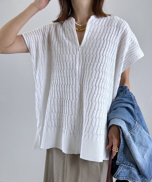 tシャツ 「家庭洗濯可！」フロント2wayジオメトリックジャガードスリーブレスプルオーバー レディースの画像