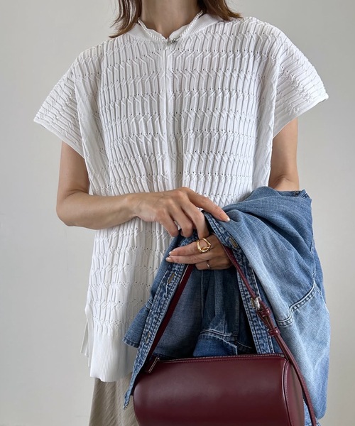 tシャツ 「家庭洗濯可！」フロント2wayジオメトリックジャガードスリーブレスプルオーバー レディースの画像